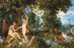 The garden of Eden with the fall of man *oil on panel *74.3 × 114.7 cm *signed b.l.: PETRI PAVLI RVBENS FIGR. *signed b.r.: IBRUEGHEL FEC *circa 1615